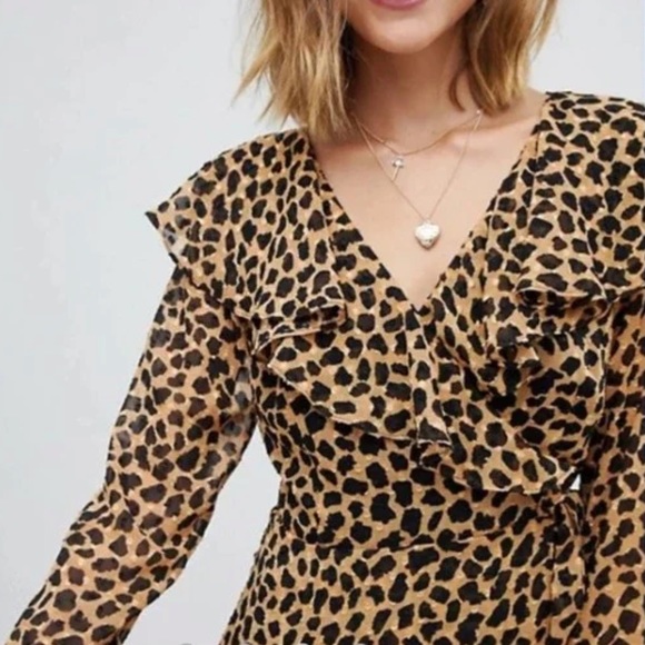 Free People- Leopard Print Frenchie Mini Wrap Dress with Long Sleeve - Picture 6 of 8